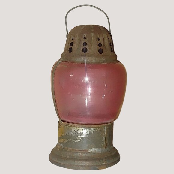Antique Ice Skating Handheld Red Glass Metal Lantern Lamp Rustic Patina Small - Picture 2 of 13